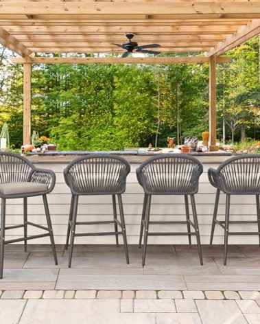 Outdoor Bar Stools Set of 4, 26.8" H Rattan Outdoor Counter Height Bar Stools, Woven Rope Backrest & Armrest Outdoor Patio Bar Chairs with Aluminum Legs for Kitchen, Slate Gray