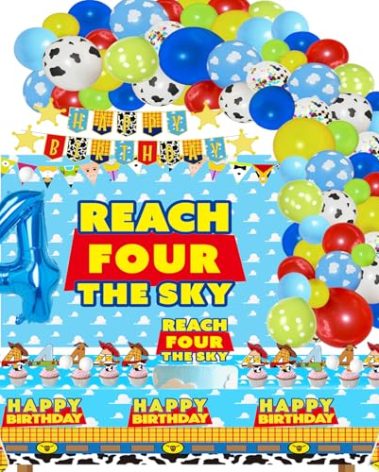 Xrjnfhi Cartoon Story 4th Birthday Party Supplies Reach Four The Sky Birthday Decorations include Balloon Arch kits Backdrop Banner Cake Cupcake Toppers Tablecloth for Boys Girls 4th Bday Decor