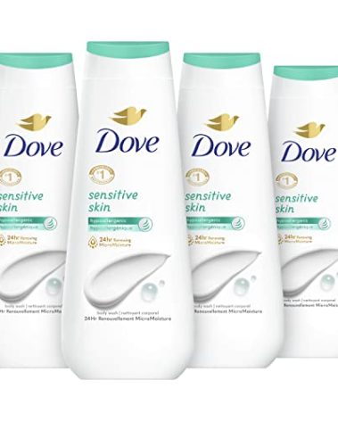 Dove Body Wash Sensitive Skin 4 Count Hypoallergenic, Paraben-Free, Sulfate-Free, Cruelty-Free, Moisturizing Skin Cleanser Effectively Washes Away Bacteria While Nourishing Skin 20 oz
