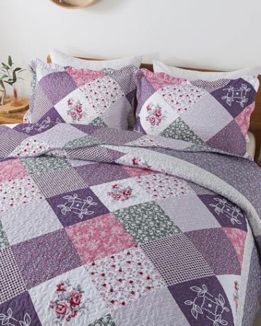 HoneiLife Queen Quilt Bedding Set - 3 Pieces Microfiber Quilt Sets Lightweight Bedspreads Reversible Coverlets Retro Bed Cover Floral Bedding Set All Season Quilts-Purple