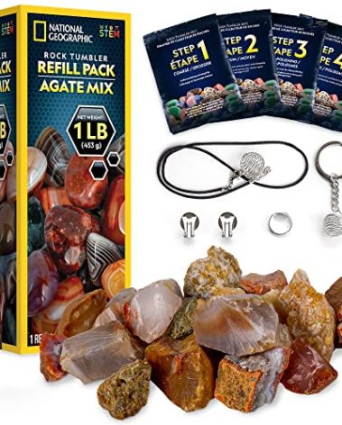 National Geographic Rock Tumbler Refill Kit - 1 Lb. Mix of Genuine Rough Agate Rocks for Tumbling - Rock Tumbler Supplies Include Rock Tumbler Grit and Jewelry Accessories, Raw Agate