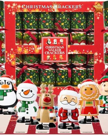 KreativeKraft Christmas Crackers No Snap Party Favors with Hats, Jokes & Fun Party Prizes Wind-Up Figures, Christmas Decorations Holiday Gift (Multi Walkers)
