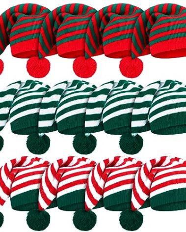 Ramede 12 Christmas Knitted Elf Hats Santa Hat for Adults Xmas Beanie Winter Hats with Pompom Bulk Crochet Caps for Women Men(Vivid Color,Stripe)