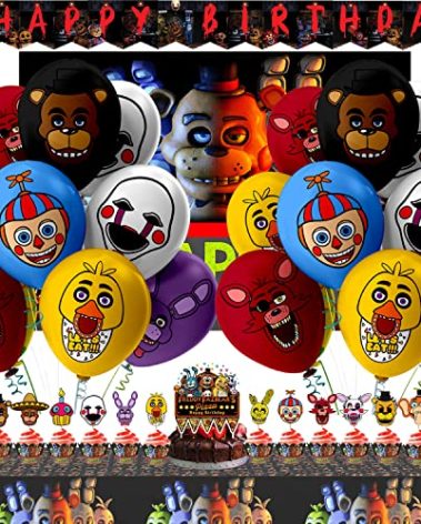 Nelton Birthday Party Supplies For FNAF Includes Banner - Backdrop - Cake Topper - 24 Cupcake Toppers - 24 Balloons - Table Cloth