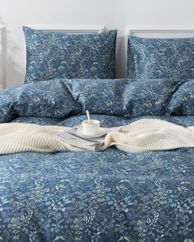 HoneiLife King Duvet Cover Set - 100% Cotton Comforter Cover, Floral Bedlinen Set with Zipper Closure & Corner Ties, 3-pcs(1Duvet Cover+2 Pillow Case)-Herbs