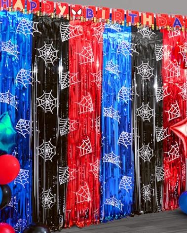 Spider Birthday Party Decoration, 2 Pack Spider Web Printing Red Black Blue 3.3 x 6.6ft Foil Fringe Curtains Tinsel Photo Booth Props Streamers Backdrop for Spider Party Supplies