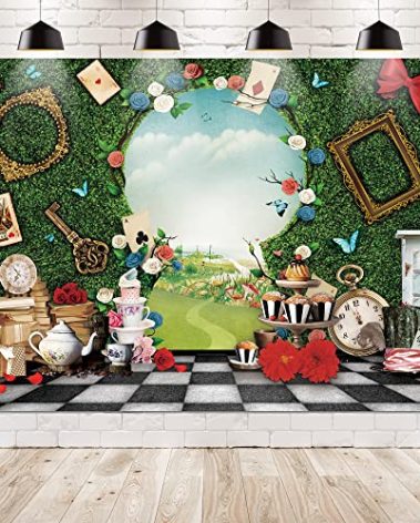Newsely Wonderland Tea Party Photo Backdrop 7Wx5H Photography Key Hold Checkerboard Green Grass Fence Decorations Background for Newborn Baby Shower Fairy Castle Tale Tapestry Banner Props Supplies