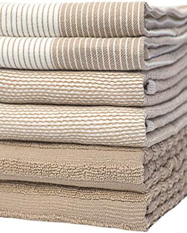 Premium Kitchen Towels (20”x 28”, 6 Pack) | Large Cotton Dish Towels | Flat & Terry Highly Absorbent Kitchen Linen Set with Hanging Loop | Tan