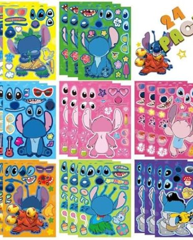 24PCS 9"x6" Cartoon Stitch Make-a-face Stickers forTeens Adult, Mixed & Matched with 8 Designed Characters Stickers