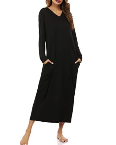 Marvmys Winter Long Sleeves Nightgowns for Women Soft Cotton Long Pajama Dress V Neck Sleeping Gown for Ladies Black