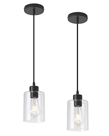 KLSS Modern Black Farmhouse Clear Glass Cylinder Pendant Light Fixture,Island Lights for Kitchen,Mini Pendant Lighting for Kitchen Island Decor - 4.75 Inch Shade 58 Inch Cord (Black 2 Pack)