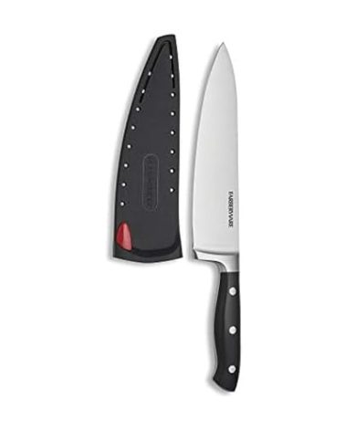 Farberware Edgekeeper 8-Inch Forged Triple Riveted Chef Knife with Self-Sharpening Blade Cover, High Carbon-Stainless Steel Kitchen Knife with Ergonomic Handle, Razor-Sharp Knife, Black