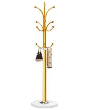 Tenkovic Metal Coat Rack Stand with Natural Marble Base, Coat Rack Freestanding, Sturdy Hall Tree with 12 Hooks for Hanging Clothes, Bags, Scarfs, Coat Hanger for Entryway, Hallway(Gold)