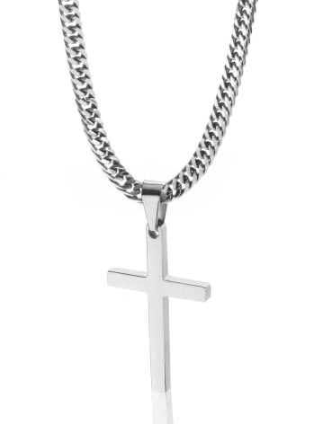 Tuewut Cross Necklace for Men, Silver Gold Stainless Steel Plain Cross Pendant Necklace for Men Cuban Chain 18-26 Inch (26.0 Inches, silver)