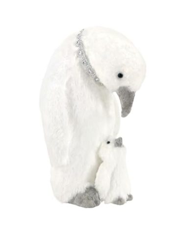 naturevibe 12.2 Inches Faux Fur Penguin Christmas Decorations, Arctic Animals Penguin Figurines Mom and Baby with Silver Accent as White Christmas Decorations or Winter Wonderland Decor