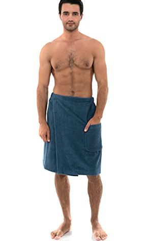 TowelSelections Mens Shower Wrap Adjustable Cotton Terry Bath Gym Cover Up with Snaps Large/XX-Large Stellar Blue