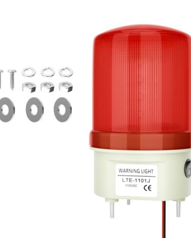 Industrial LED Rotating Strobe Warning Light, 110 VAC Sound & Light Alarm with Knob and Switch, 105-110 dB Volume Adjustable, Red Emergency Alarm Light for Indoor/Outdoor Use