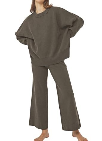 Pink Queen Women's 2 Piece Lounge Sets Fashion Wide Leg Tracksuit Casual Fall Travel Outfits Sweatsuits Gray Brown L