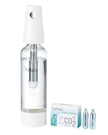 Asfolia Portable Sparkling Water Maker - Travel Soda Maker for Home & Outdoor, 1L Carbonating Bottle, 10 pcs CO2 Cylinders, Compact Carbonated Water Machine for Flavored Drinks, Soda Machine (White)