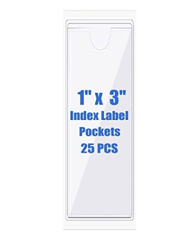 Origin-Joy 25 PCS Self-Adhesive Index Label Pockets, Clear Plastic Peel & Stick Card Holders with Top Open for Loading (1 x 3 inch)