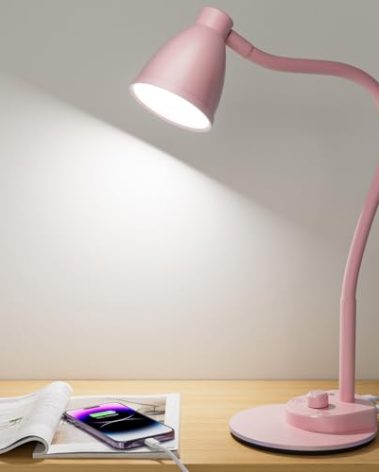 BOHON Cute Desk Lamp with USB Charging Port, Pink Lamp 3 Color Modes Dimmable LED Reading Lamp, Flexible Neck Auto Dimming Table Task Light for Home Office Dorm Bedside, Pink