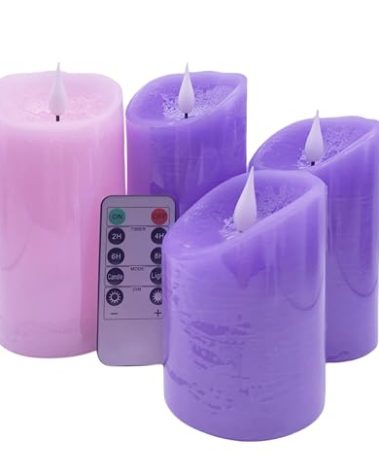 Adoria Advent Candles Battery Operated Set 4-Real Wax Pillar Candles 3pcs Purple and 1pc Pink w/Remote and Timer -Unscent, Realistic 3D Wick w/Patented- Brightness Control,Well for Home Decor.