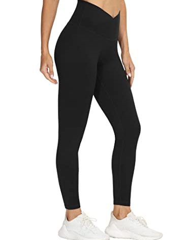 Women's V Cross Waist Yoga Leggings High Waisted Tummy Control Workout Running Pants Black