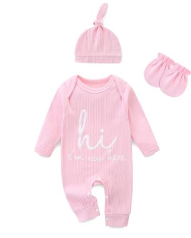 Jomixa Newborn Girls and Boys Romper, Hi I’m New Here Long Sleeve Cotton Baby Clothes, Newborn Coming Home Outfit (Pink, 0-3 Months)