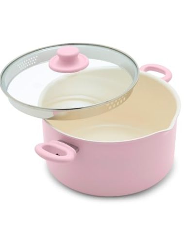 GreenLife 6QT Ceramic Nonstick Stockpot with Glass Straining Lid, PFAS-Free, Dishwasher Safe, Stay-Cool Handles, Oven Safe to 350°F, Wobble-Free Base, Even Heating, Pink