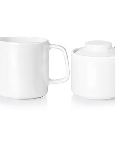 ONTUBE Porcelain Sugar and Creamer Set of 3,Ceramics Cream Pitcher, Sugar Bowl with Lid and Spoon (Bright White)