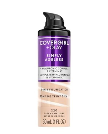 COVERGIRL & Olay Simply Ageless 3-in-1 Liquid Foundation, Matte Finish, Hyaluronic & Vitamin C Formula, 220 Creamy Natural, 1 Count