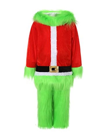 FEIBEL Kids Christmas Costumes Long Sleeve Hooded Top and Pants Sets Green Furry Monster Christmas Outfits (Green, 5-6 Years)