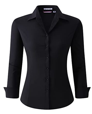 Alex Vando Womens Dress Shirts Wrinkle Free Regular Fit Long Sleeve Stretch Work Shirt,Solid Black,L