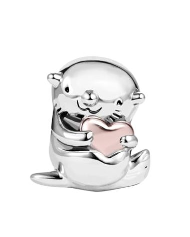 KunBead Cute Otter Rose Gold Tone Heart Bead Charms Compatible with Pandora Bracelet