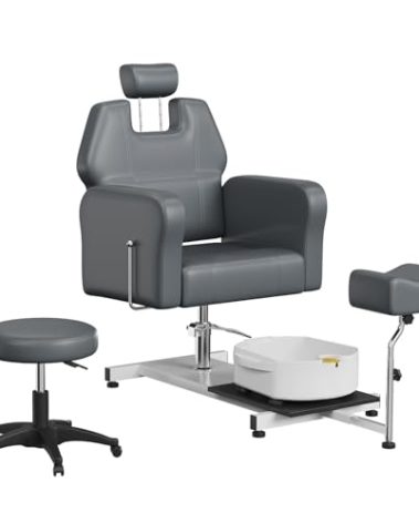Reclining Pedicure Chair with Stool, Footrest & Massage Foot Basin, Height Adjustable Pedicure Unit Station, 360 Swivel Hydraulic Pedi Chair for Foot Bath Pedicure Chairs, Beauty Spa Salon, Gray