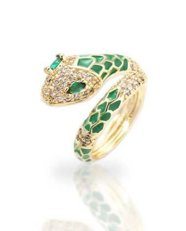 Jean Beau Cute Snake Adjustable Open Gold Ring for Women - Sparkly Vintage Wrap Stacking Animal Green Enamel Eye Fashion Statement Love Promise Costume Finger Cocktail Party Jewelry Gift, Non-Precious