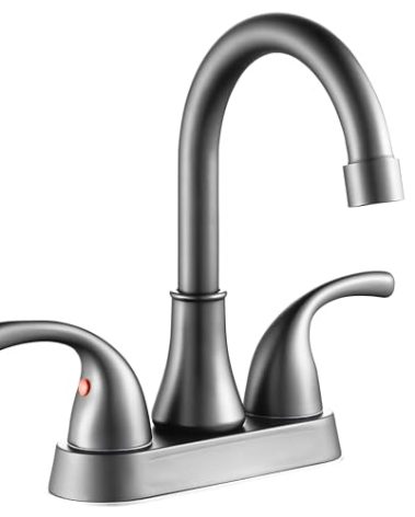 Bathroom Sink Faucet FRANSITON 4 Inch 2 Handle Lead-Free Brushed Grey Bath Sink Faucet with Pop-up Drain Stopper and Supply Hoses