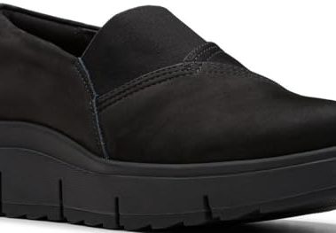 Clarks Women's Loriini West Wedge Heel Slip On Loafer, Black, Size 8 Wide