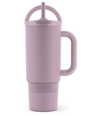 Ello Port 30oz Tumbler with Carry Loop & Integrated Handle | Vacuum Insulated Stainless Steel Reusable Water Bottle Travel Mug | Leak Proof Lid | Flexible Straw | BPA-Free | Dishwasher Safe | Mauve