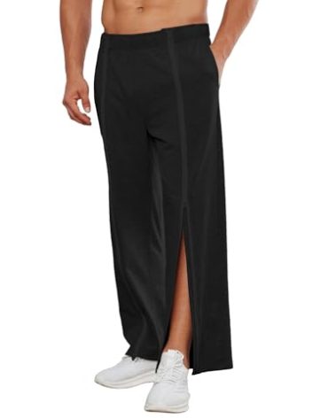 Deyeek Mens Wide Leg Zipper Sweatpants Open Bottom Warm Up Pants Cotton Break Away Catheter Pants Post Knee Surgery Pants Black