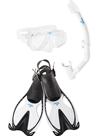 Speedo Unisex-Adult Swim Snorkel Dive Mask Anti-Fog with Nose Cover Adventure Series, MSF Black/White, Small/Medium