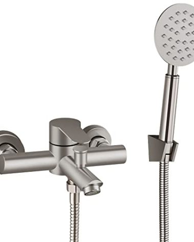 Aolemi Brushed Nickel Bathtub Faucet Wall Mount Only Tub Filler with Handheld Sprayer 6 Inch Centre Single Handle Shower Mixer Taps SUS304 Stainless Steel for Bathroom