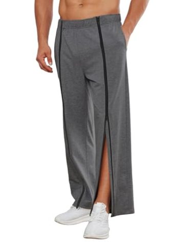 Deyeek Zipper Legs Tear Away Pants for Men Straight Leg Sweat Pants Mens Adult Breakaway Post Surgery Pants with Pockets Dark Grey