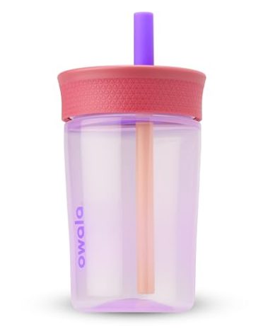 Owala Kids Insulation BPA-Free Plastic Tumbler with Spill Resistant Flexible Straw, Easy to Clean, Kids Water Bottle, Great for Travel, Dishwasher Safe, 15 Oz, Pink and Purple (Lilac Rocket)