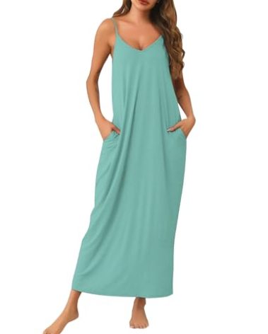 Marvmys Ladies Long Sleeveless Nightgown Cotton Full Slip Spaghetti Strap Lounge Dress with Pockets Mint Green M