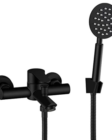 Aolemi Matte Black Wall Mount Bathtub Faucet with Handheld Sprayer Single Handle Shower Mixer Tap 6 Inch Center Bathroom Tub Faucet Stainless Steel SUS304