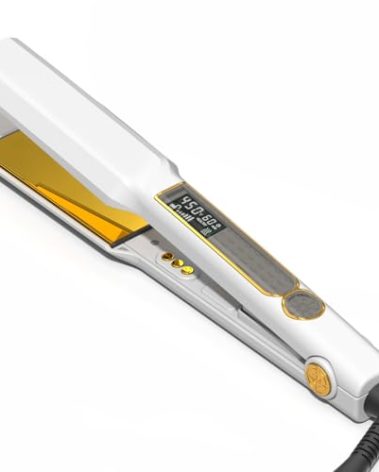Thirtek Professional Hair Straightener,1.5 inch Ceramic & Titanium Flat Iron,15 Adjustable Temperature Levels,LCD Display, 25s Quick Heat Up,Styling Tools for Thick Hair,Dual Voltage,White&Gold