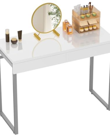 GreenForest Vanity Desk with 2 Drawers,Glossy Desktop White Desk for Bedroom,Makeup Table with Storage Space,Small Desk for Home Office,39 inch No Mirror