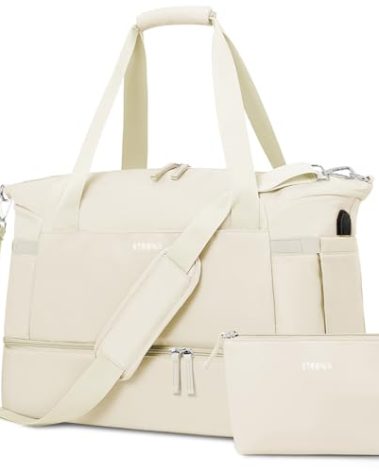 ETRONIK Gym Bag for Women, Personal Item Travel Bag with Shoes Compartment, Weekender Overnight Duffel Bag with Wet Pocket & USB Charging Port, Carry On Bag for Women, Travel, Gym, Weekend (Beige)