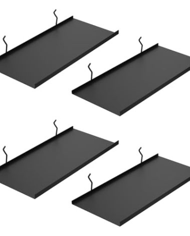 PEKGRIL 17X8 Inch Large Pegboard Shelves Set of 4, Metal Peg Board Shelves Accessories, Flat Display Shelves for Pegboard, Metal Retail Display for Storage and Organization, Black